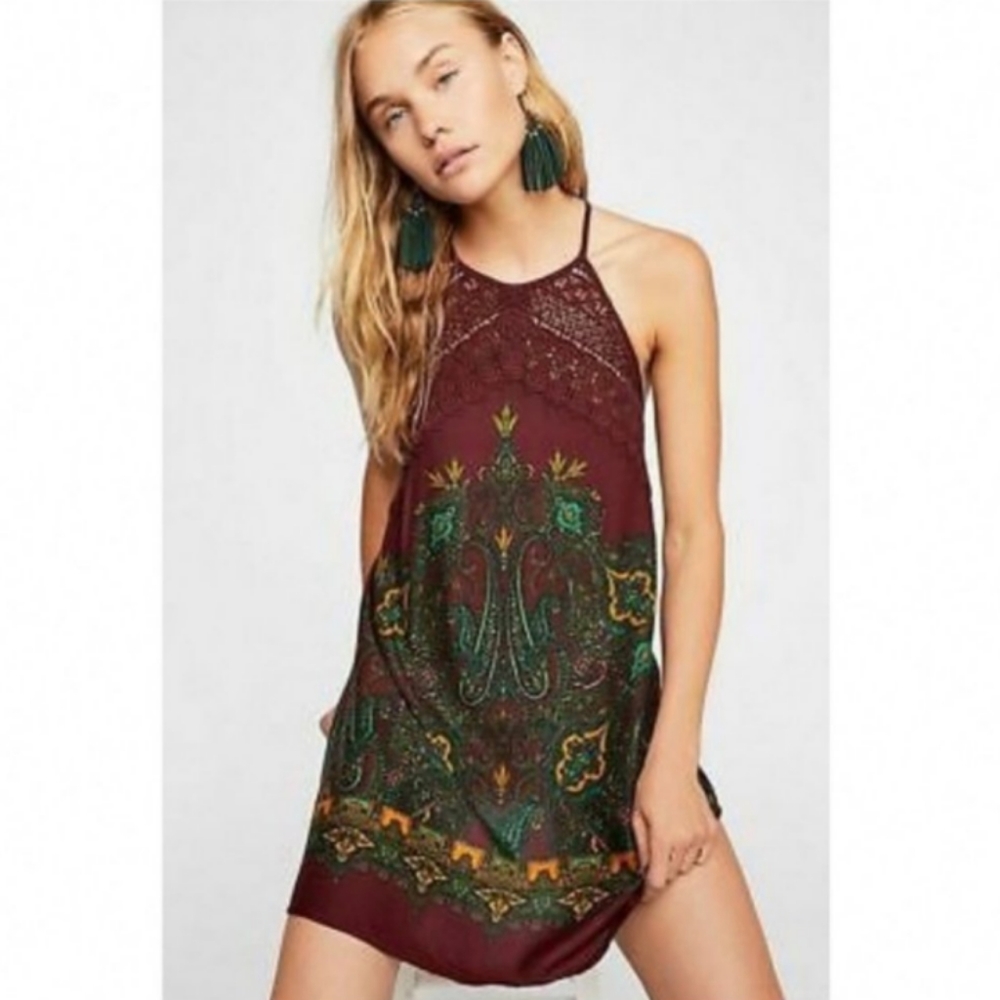 Intimately Free People Shea Red Boho Crochet Trim Mini Dress Size XS
